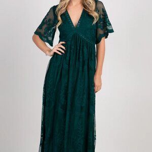 NWT PinkBlush Forest Green Lace Mesh Overlay Maxi Dress size small